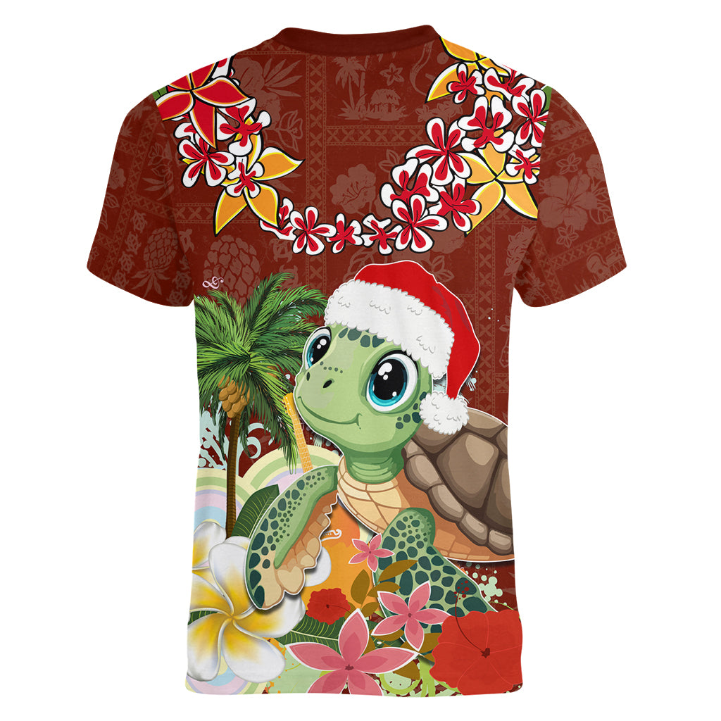 Hawaii Honu Mele Kalikimaka Women V Neck T Shirt Santa Tropical Flower Aloha Summer Red Version LT03 - Polynesian Pride