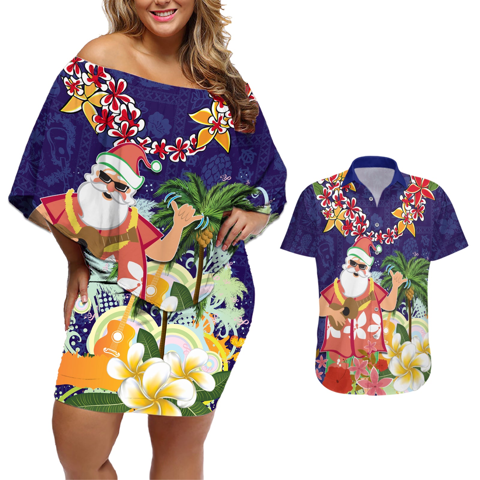 Hawaii Honu Mele Kalikimaka Couples Matching Off Shoulder Short Dress and Hawaiian Shirt Santa Tropical Flower Aloha Summer Blue Version LT03 Blue - Polynesian Pride