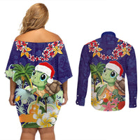 Hawaii Honu Mele Kalikimaka Couples Matching Off Shoulder Short Dress and Long Sleeve Button Shirt Santa Tropical Flower Aloha Summer Blue Version LT03 - Polynesian Pride