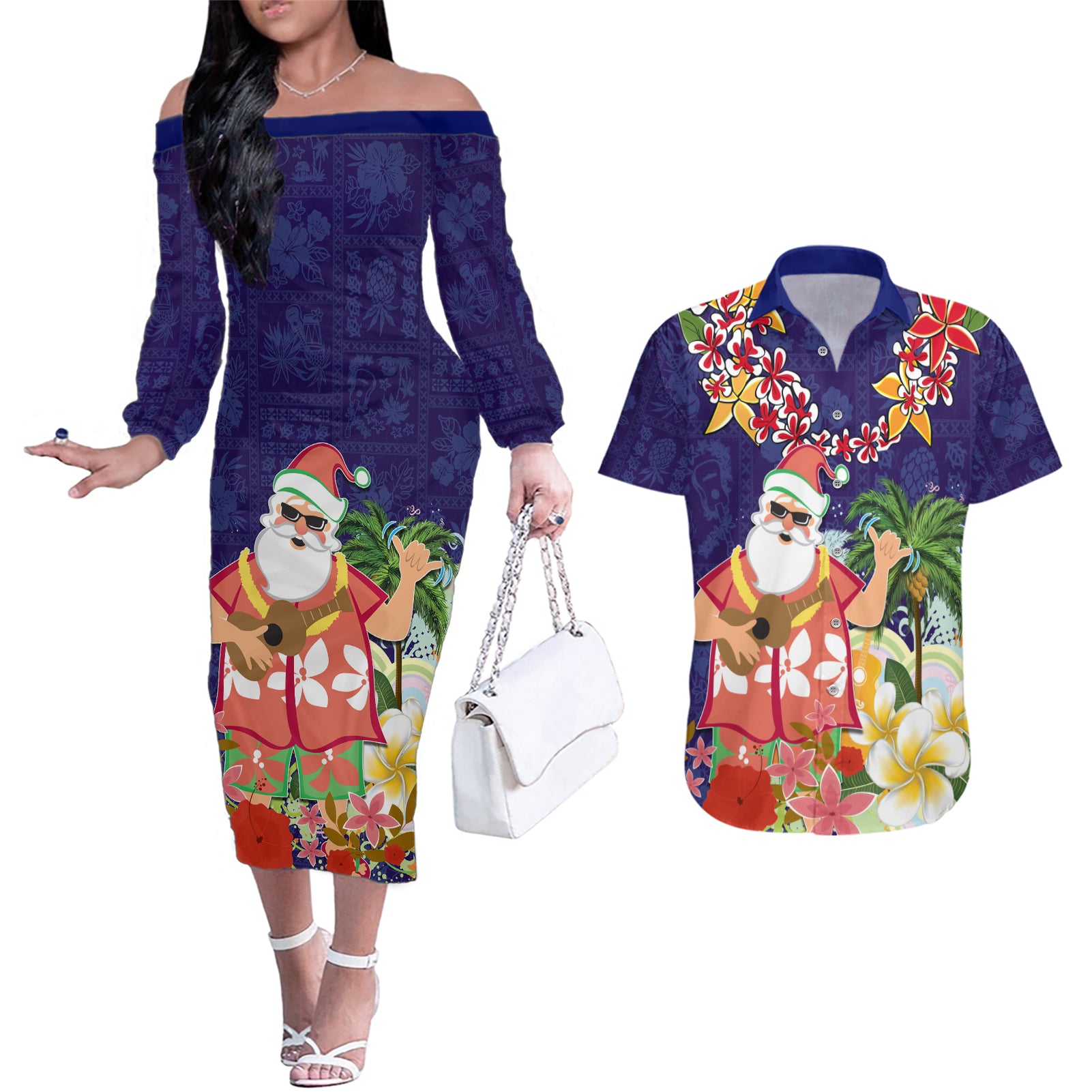 Hawaii Honu Mele Kalikimaka Couples Matching Off The Shoulder Long Sleeve Dress and Hawaiian Shirt Santa Tropical Flower Aloha Summer Blue Version LT03 Blue - Polynesian Pride