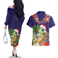 Hawaii Honu Mele Kalikimaka Couples Matching Off The Shoulder Long Sleeve Dress and Hawaiian Shirt Santa Tropical Flower Aloha Summer Blue Version LT03 - Polynesian Pride