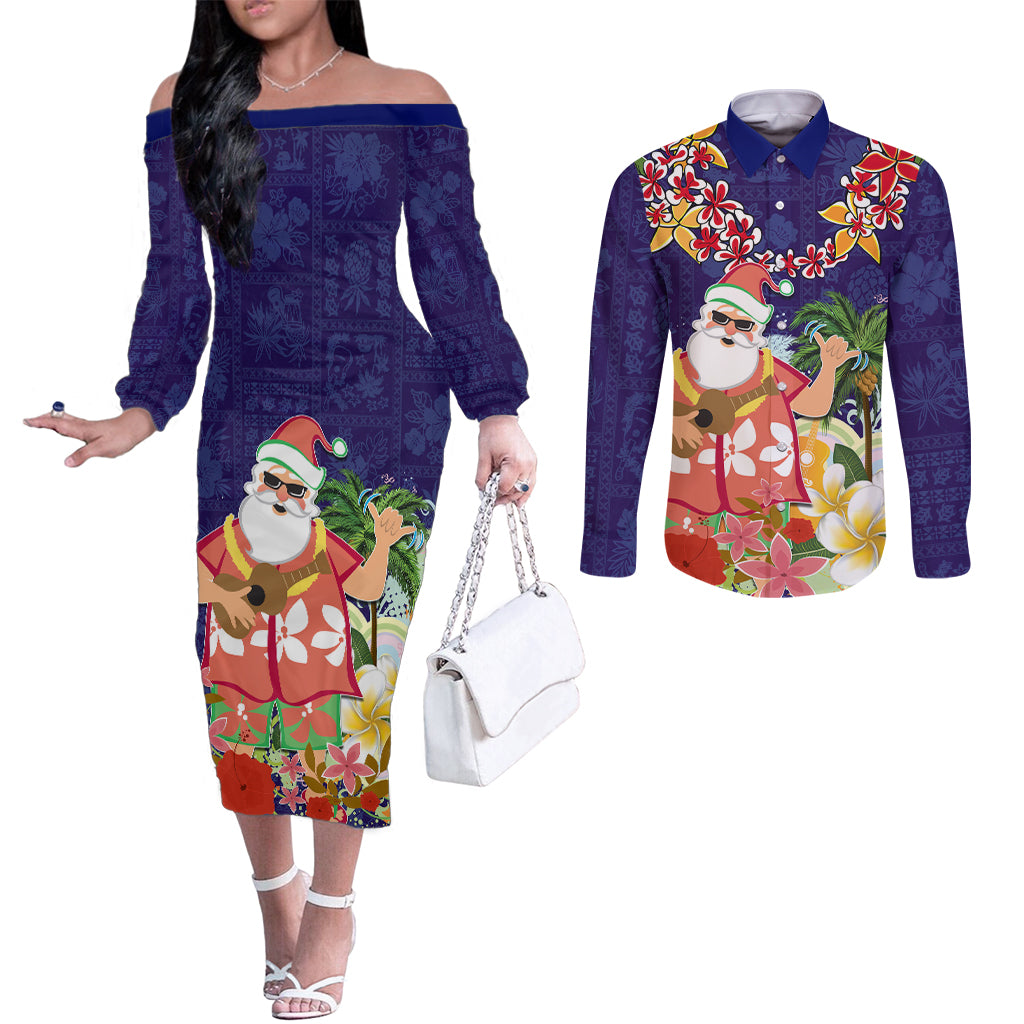Hawaii Honu Mele Kalikimaka Couples Matching Off The Shoulder Long Sleeve Dress and Long Sleeve Button Shirt Santa Tropical Flower Aloha Summer Blue Version LT03 Blue - Polynesian Pride