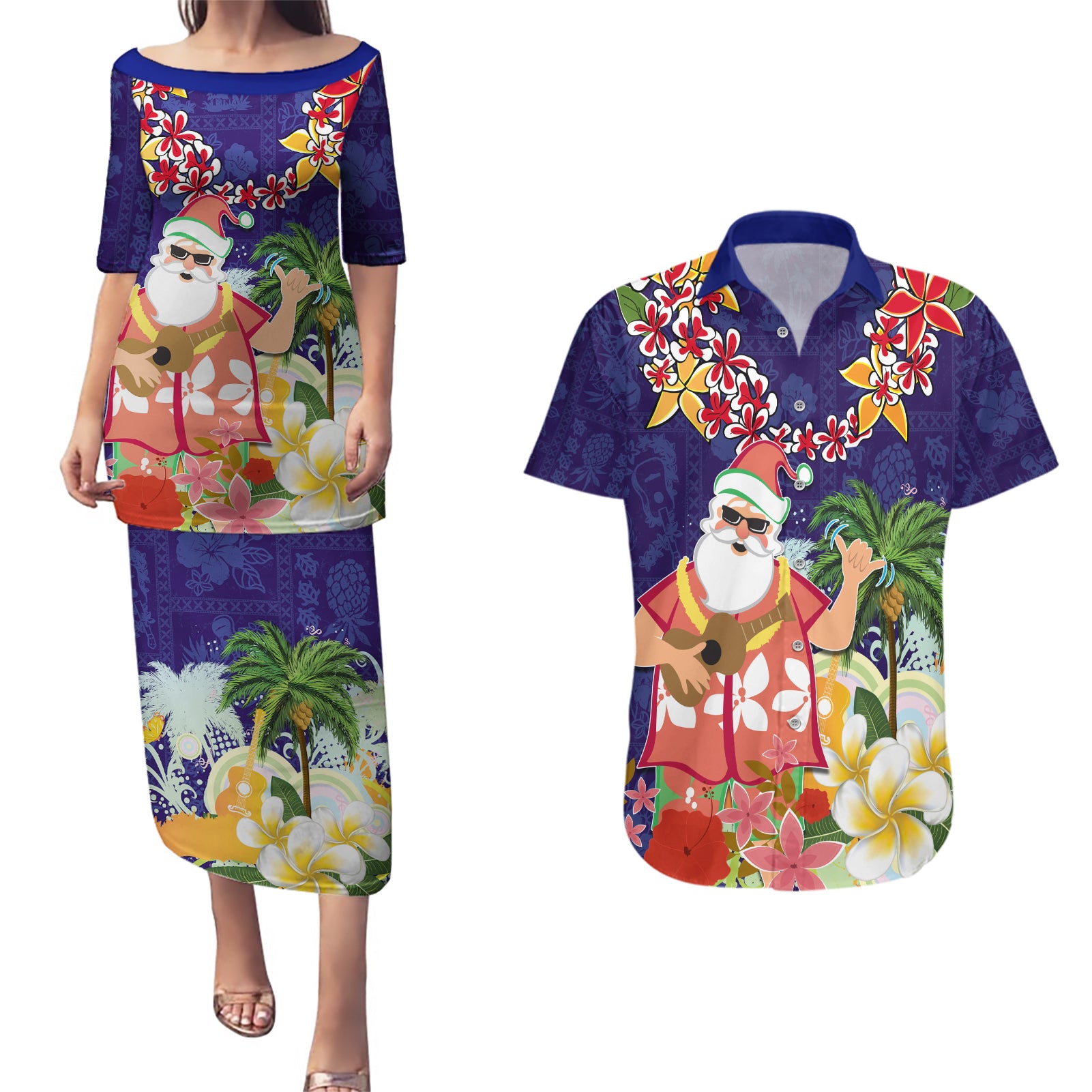 Hawaii Honu Mele Kalikimaka Couples Matching Puletasi Dress and Hawaiian Shirt Santa Tropical Flower Aloha Summer Blue Version LT03 Blue - Polynesian Pride