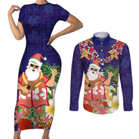 Hawaii Honu Mele Kalikimaka Couples Matching Short Sleeve Bodycon Dress and Long Sleeve Button Shirt Santa Tropical Flower Aloha Summer Blue Version LT03 Blue - Polynesian Pride