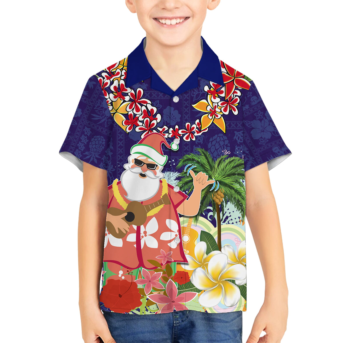 Hawaii Honu Mele Kalikimaka Family Matching Off Shoulder Maxi Dress and Hawaiian Shirt Santa Tropical Flower Aloha Summer Blue Version LT03 Son's Shirt Blue - Polynesian Pride