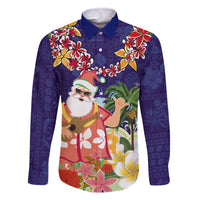 Hawaii Honu Mele Kalikimaka Family Matching Off Shoulder Short Dress and Hawaiian Shirt Santa Tropical Flower Aloha Summer Blue Version LT03 Dad's Shirt - Long Sleeve Blue - Polynesian Pride