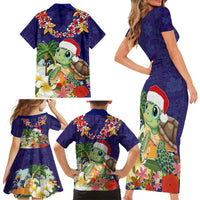 Hawaii Honu Mele Kalikimaka Family Matching Short Sleeve Bodycon Dress and Hawaiian Shirt Santa Tropical Flower Aloha Summer Blue Version LT03 - Polynesian Pride