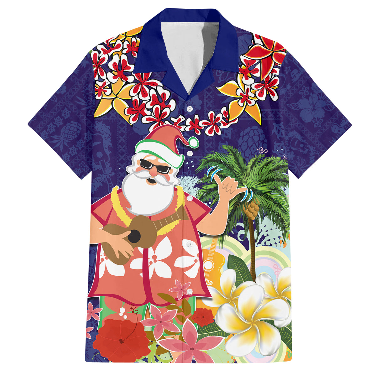Hawaii Honu Mele Kalikimaka Family Matching Tank Maxi Dress and Hawaiian Shirt Santa Tropical Flower Aloha Summer Blue Version LT03 Dad's Shirt - Short Sleeve Blue - Polynesian Pride