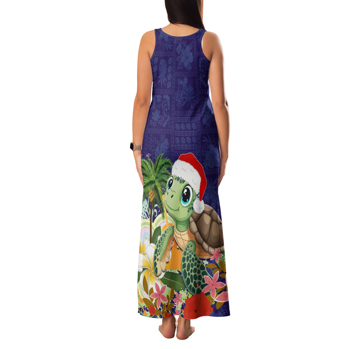 Hawaii Honu Mele Kalikimaka Family Matching Tank Maxi Dress and Hawaiian Shirt Santa Tropical Flower Aloha Summer Blue Version LT03 - Polynesian Pride