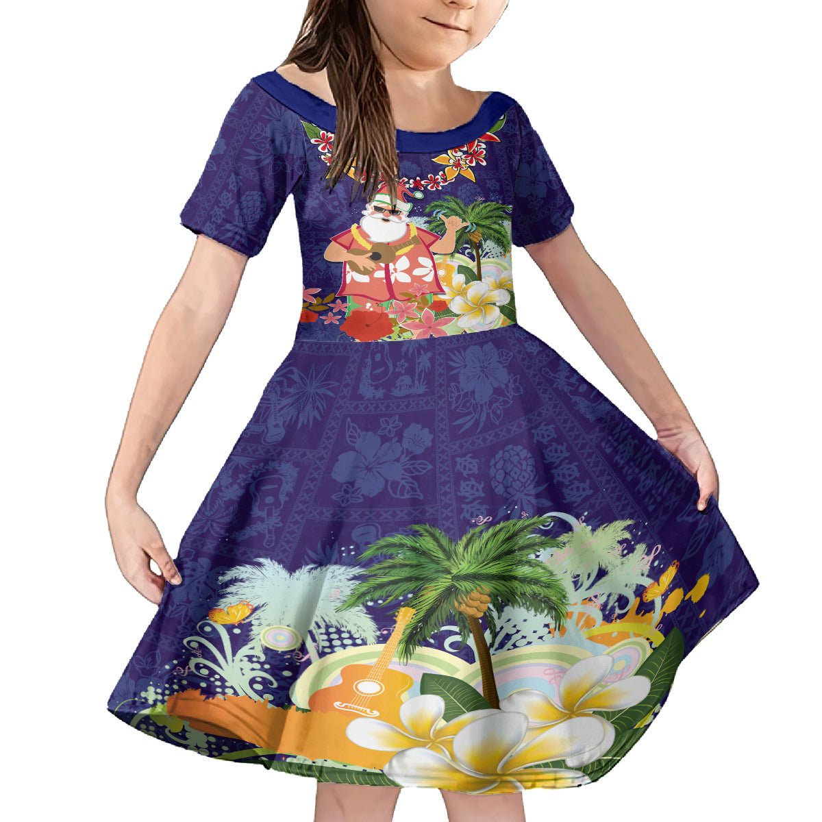 Hawaii Honu Mele Kalikimaka Kid Short Sleeve Dress Santa Tropical Flower Aloha Summer Blue Version LT03 KID Blue - Polynesian Pride