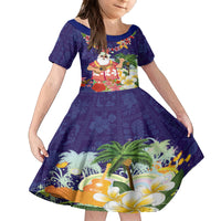 Hawaii Honu Mele Kalikimaka Kid Short Sleeve Dress Santa Tropical Flower Aloha Summer Blue Version LT03 KID Blue - Polynesian Pride