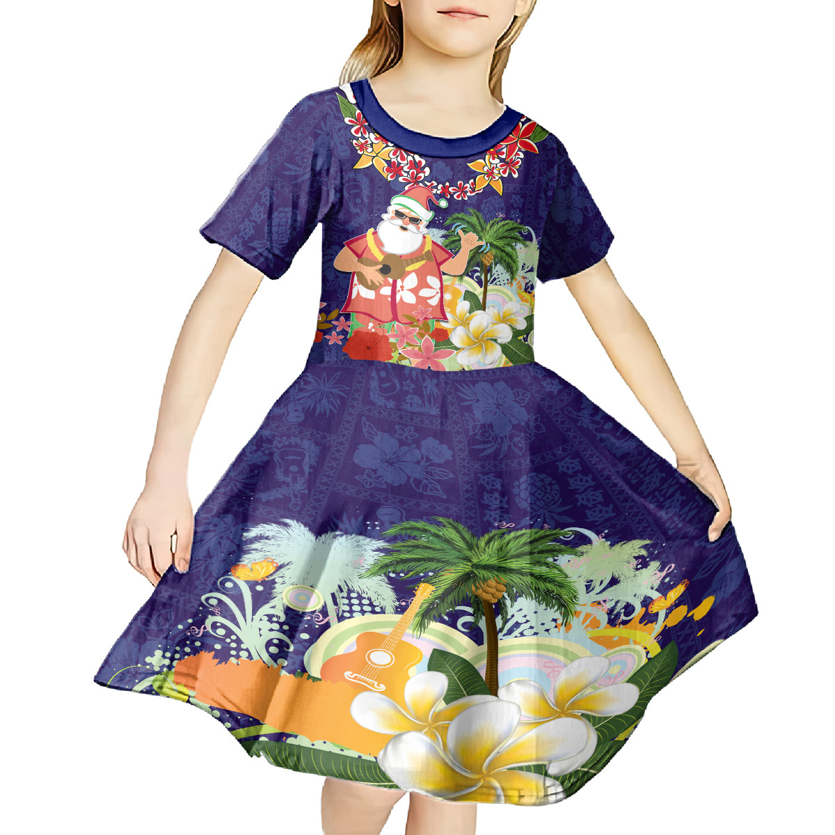 Hawaii Honu Mele Kalikimaka Kid Short Sleeve Dress Santa Tropical Flower Aloha Summer Blue Version LT03 - Polynesian Pride