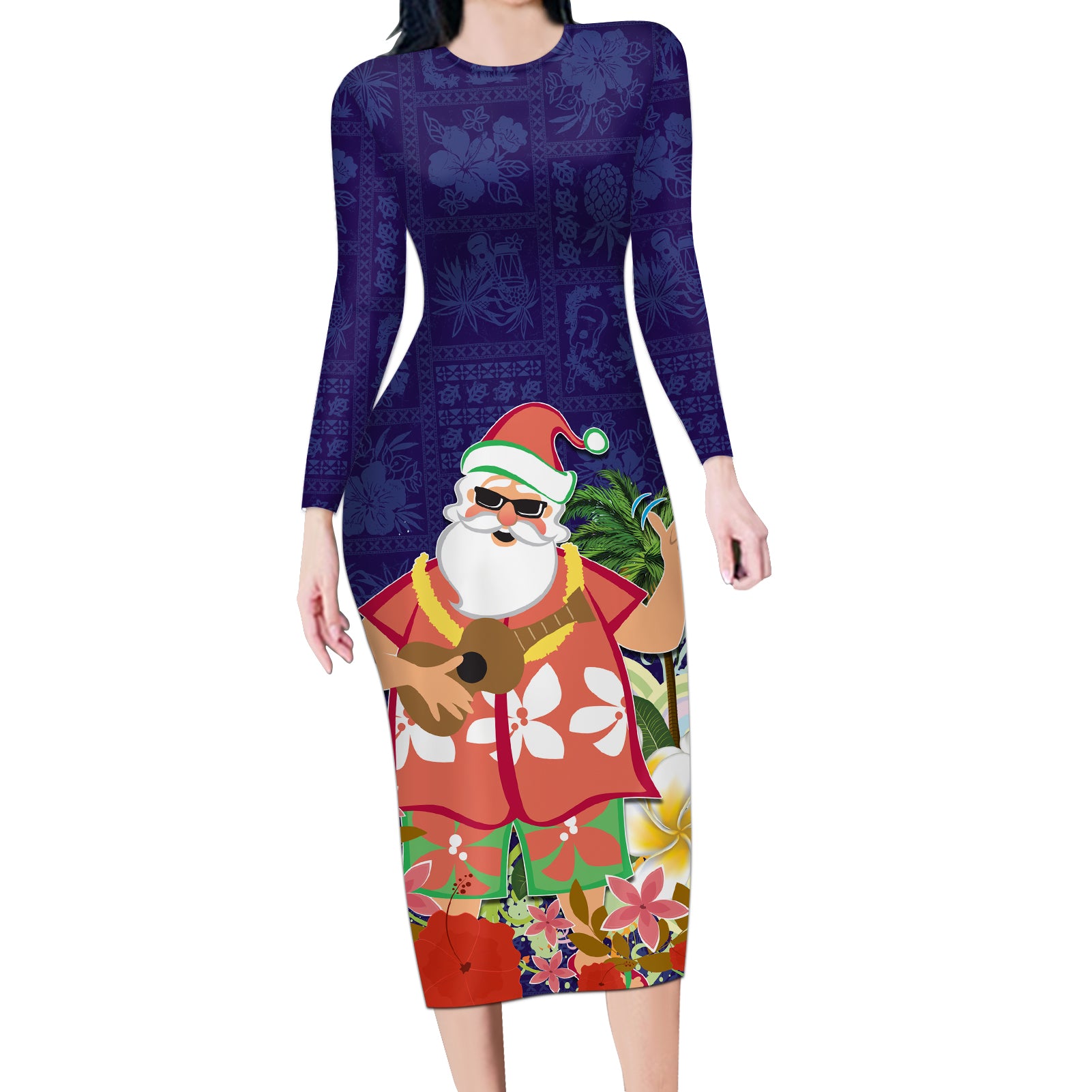 Hawaii Honu Mele Kalikimaka Long Sleeve Bodycon Dress Santa Tropical Flower Aloha Summer Blue Version LT03 Long Dress Blue - Polynesian Pride