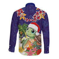 Hawaii Honu Mele Kalikimaka Long Sleeve Button Shirt Santa Tropical Flower Aloha Summer Blue Version LT03 - Polynesian Pride