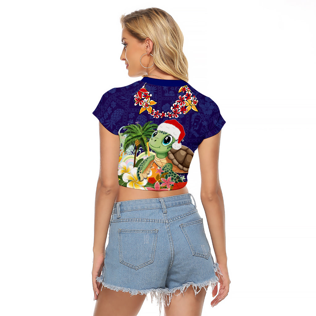Hawaii Honu Mele Kalikimaka Raglan Cropped T Shirt Santa Tropical Flower Aloha Summer Blue Version LT03 - Polynesian Pride