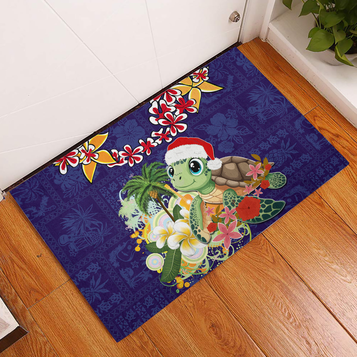 Hawaii Honu Mele Kalikimaka Rubber Doormat Santa Tropical Flower Aloha Summer Blue Version LT03 Blue - Polynesian Pride