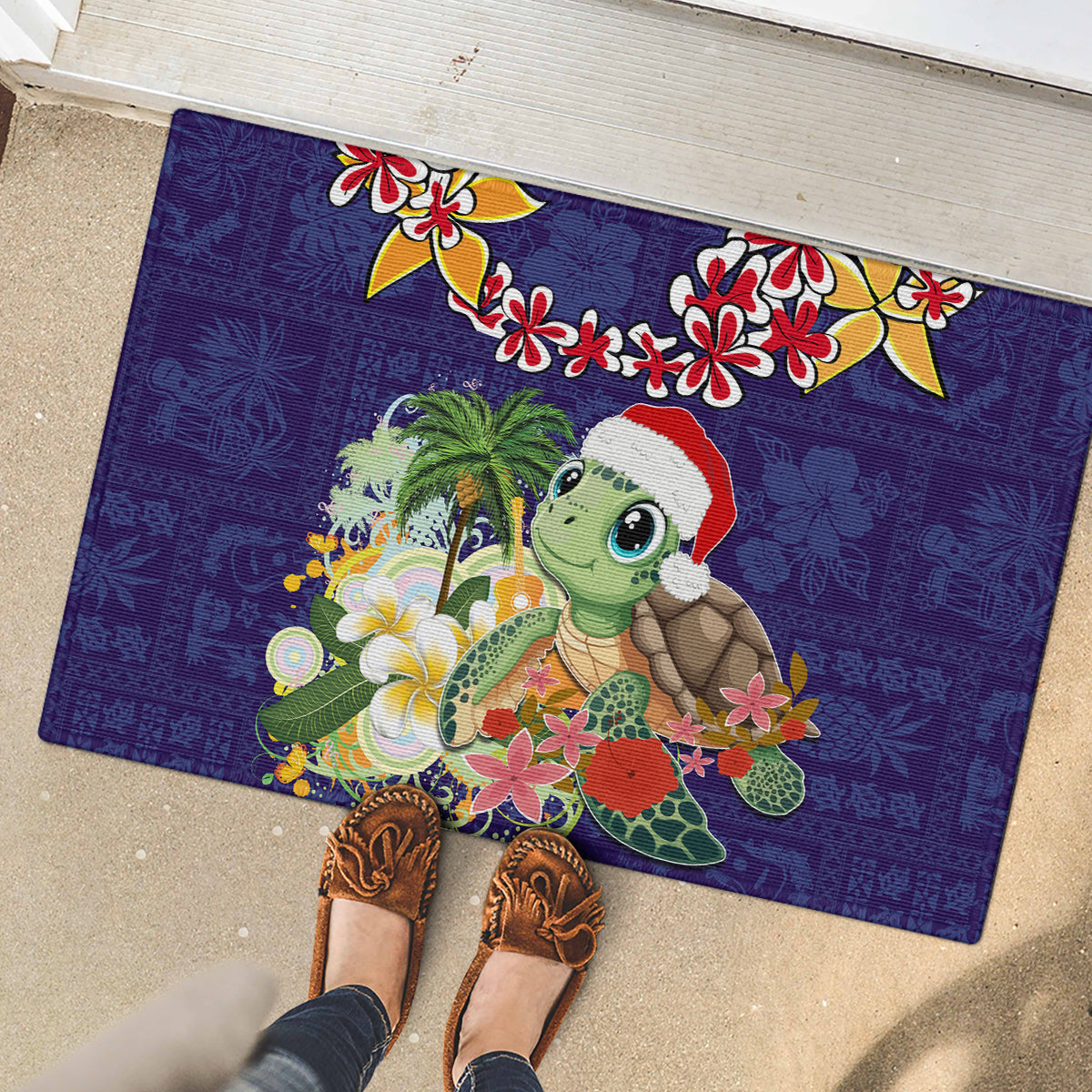Hawaii Honu Mele Kalikimaka Rubber Doormat Santa Tropical Flower Aloha Summer Blue Version LT03 - Polynesian Pride