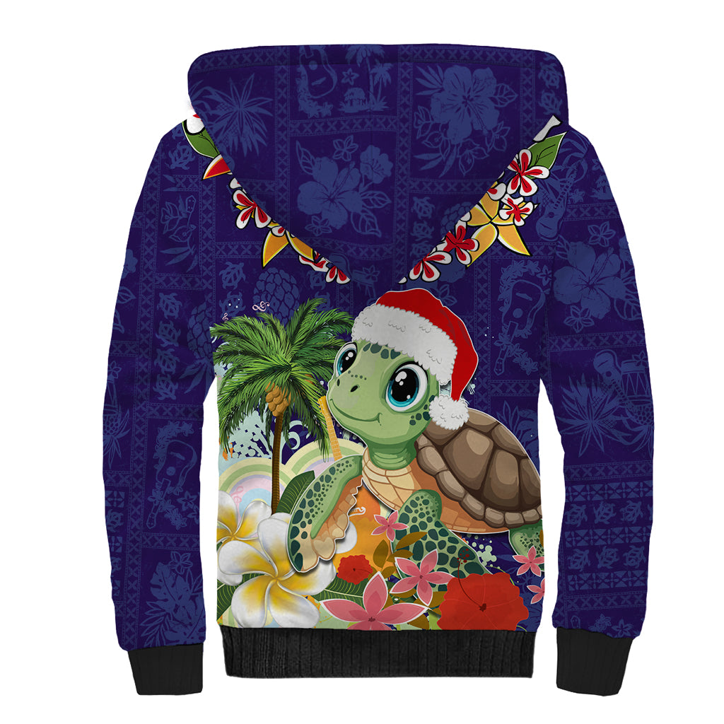 Hawaii Honu Mele Kalikimaka Sherpa Hoodie Santa Tropical Flower Aloha Summer Blue Version LT03 - Polynesian Pride