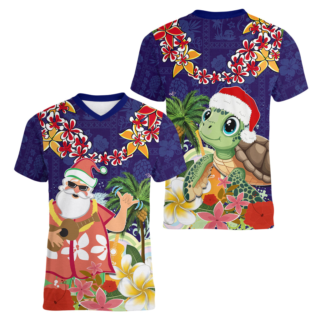 Hawaii Honu Mele Kalikimaka Women V Neck T Shirt Santa Tropical Flower Aloha Summer Blue Version LT03 - Polynesian Pride