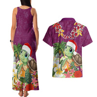 Hawaii Honu Mele Kalikimaka Couples Matching Tank Maxi Dress and Hawaiian Shirt Santa Tropical Flower Aloha Summer Pink Version LT03 - Polynesian Pride