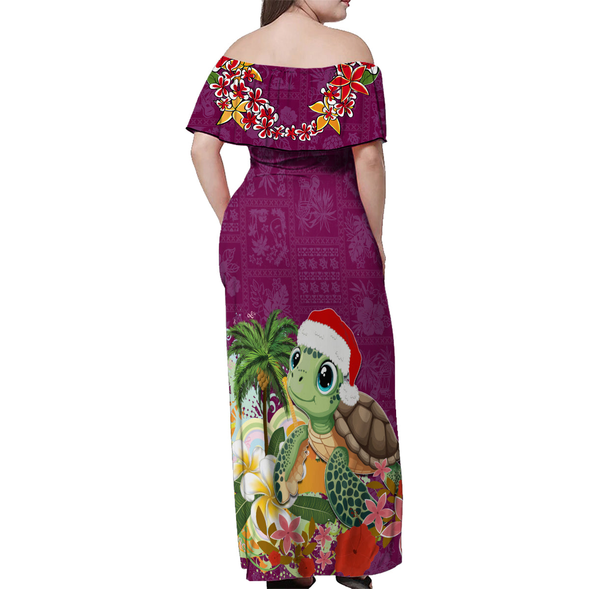 Hawaii Honu Mele Kalikimaka Family Matching Off Shoulder Maxi Dress and Hawaiian Shirt Santa Tropical Flower Aloha Summer Pink Version LT03 - Polynesian Pride