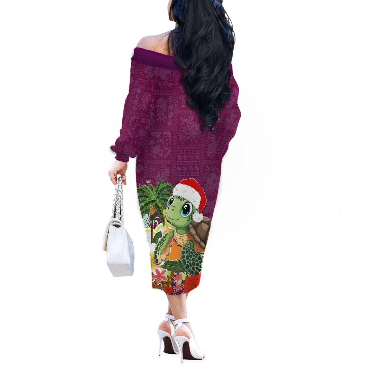Hawaii Honu Mele Kalikimaka Off The Shoulder Long Sleeve Dress Santa Tropical Flower Aloha Summer Pink Version LT03 - Polynesian Pride