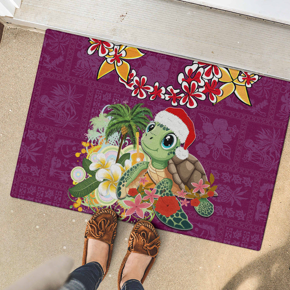 Hawaii Honu Mele Kalikimaka Rubber Doormat Santa Tropical Flower Aloha Summer Pink Version LT03 - Polynesian Pride