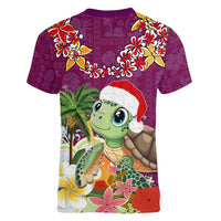 Hawaii Honu Mele Kalikimaka Women V Neck T Shirt Santa Tropical Flower Aloha Summer Pink Version LT03 - Polynesian Pride