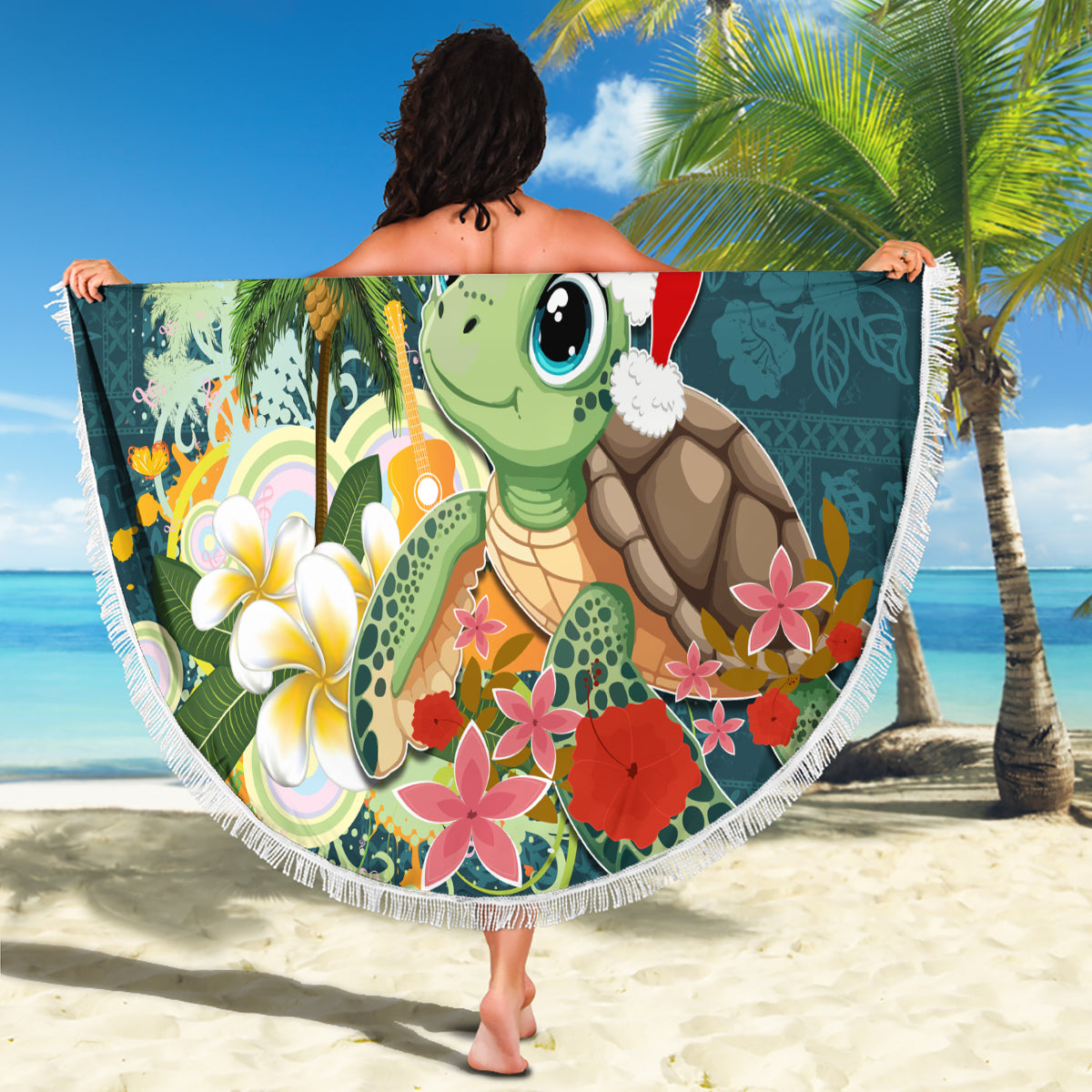 Hawaii Honu Mele Kalikimaka Beach Blanket Santa Tropical Flower Aloha Summer Turquoise Version LT03 - Polynesian Pride
