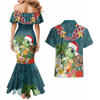 Hawaii Honu Mele Kalikimaka Couples Matching Mermaid Dress and Hawaiian Shirt Santa Tropical Flower Aloha Summer Turquoise Version LT03 - Polynesian Pride