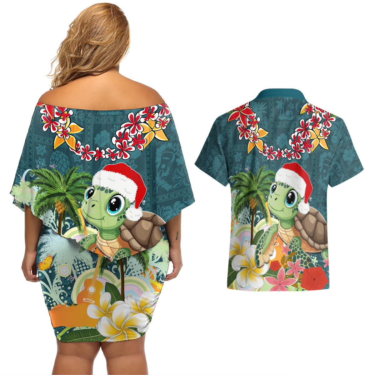 Hawaii Honu Mele Kalikimaka Couples Matching Off Shoulder Short Dress and Hawaiian Shirt Santa Tropical Flower Aloha Summer Turquoise Version LT03 - Polynesian Pride