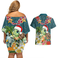 Hawaii Honu Mele Kalikimaka Couples Matching Off Shoulder Short Dress and Hawaiian Shirt Santa Tropical Flower Aloha Summer Turquoise Version LT03 - Polynesian Pride