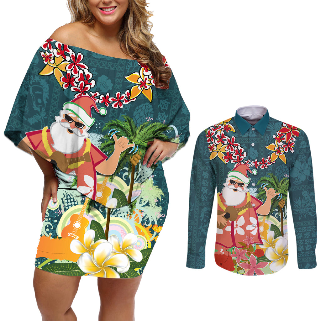 Hawaii Honu Mele Kalikimaka Couples Matching Off Shoulder Short Dress and Long Sleeve Button Shirt Santa Tropical Flower Aloha Summer Turquoise Version LT03 Turquoise - Polynesian Pride