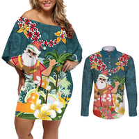 Hawaii Honu Mele Kalikimaka Couples Matching Off Shoulder Short Dress and Long Sleeve Button Shirt Santa Tropical Flower Aloha Summer Turquoise Version LT03 Turquoise - Polynesian Pride