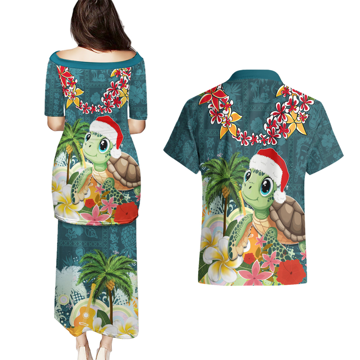 Hawaii Honu Mele Kalikimaka Couples Matching Puletasi Dress and Hawaiian Shirt Santa Tropical Flower Aloha Summer Turquoise Version LT03 - Polynesian Pride