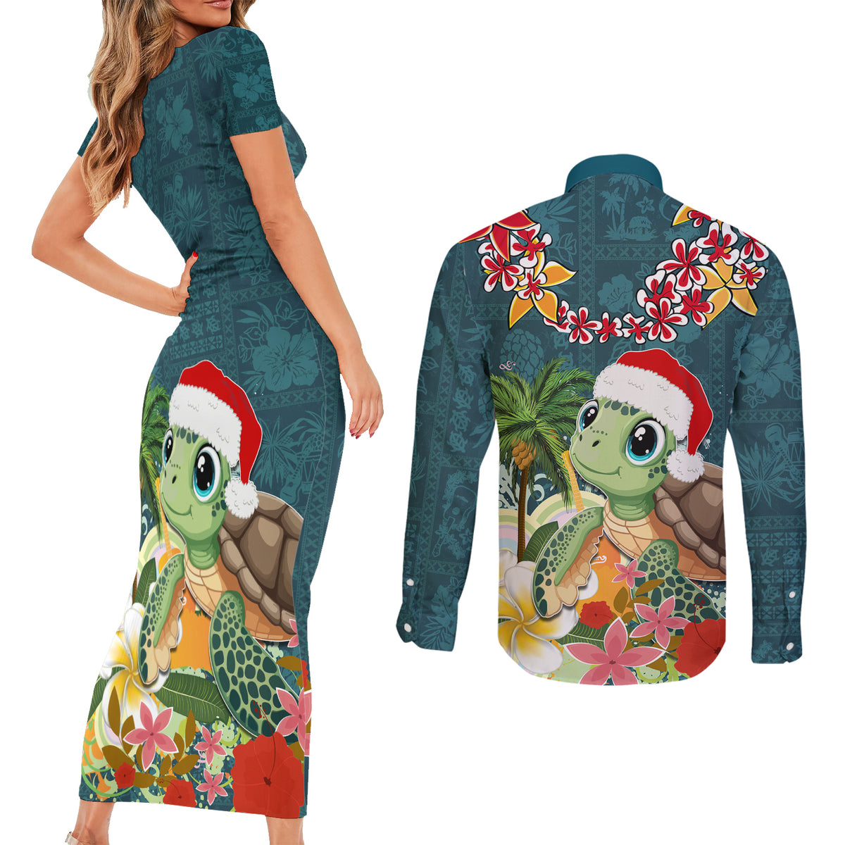 Hawaii Honu Mele Kalikimaka Couples Matching Short Sleeve Bodycon Dress and Long Sleeve Button Shirt Santa Tropical Flower Aloha Summer Turquoise Version LT03 - Polynesian Pride