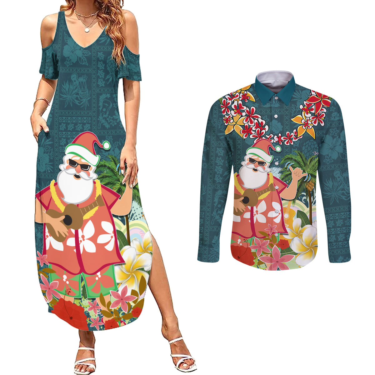 Hawaii Honu Mele Kalikimaka Couples Matching Summer Maxi Dress and Long Sleeve Button Shirt Santa Tropical Flower Aloha Summer Turquoise Version LT03 Turquoise - Polynesian Pride