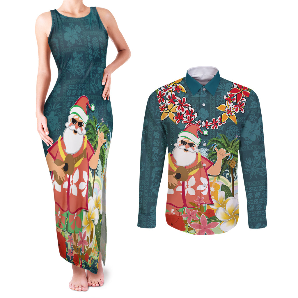 Hawaii Honu Mele Kalikimaka Couples Matching Tank Maxi Dress and Long Sleeve Button Shirt Santa Tropical Flower Aloha Summer Turquoise Version LT03 Turquoise - Polynesian Pride