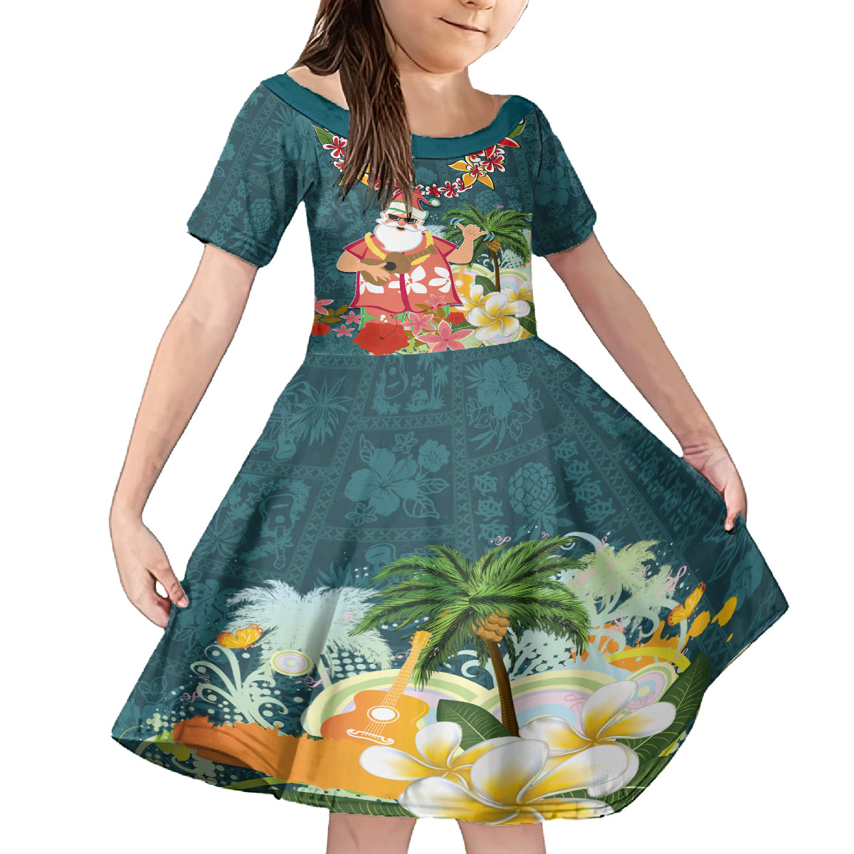 Hawaii Honu Mele Kalikimaka Family Matching Long Sleeve Bodycon Dress and Hawaiian Shirt Santa Tropical Flower Aloha Summer Turquoise Version LT03 Daughter's Dress Turquoise - Polynesian Pride