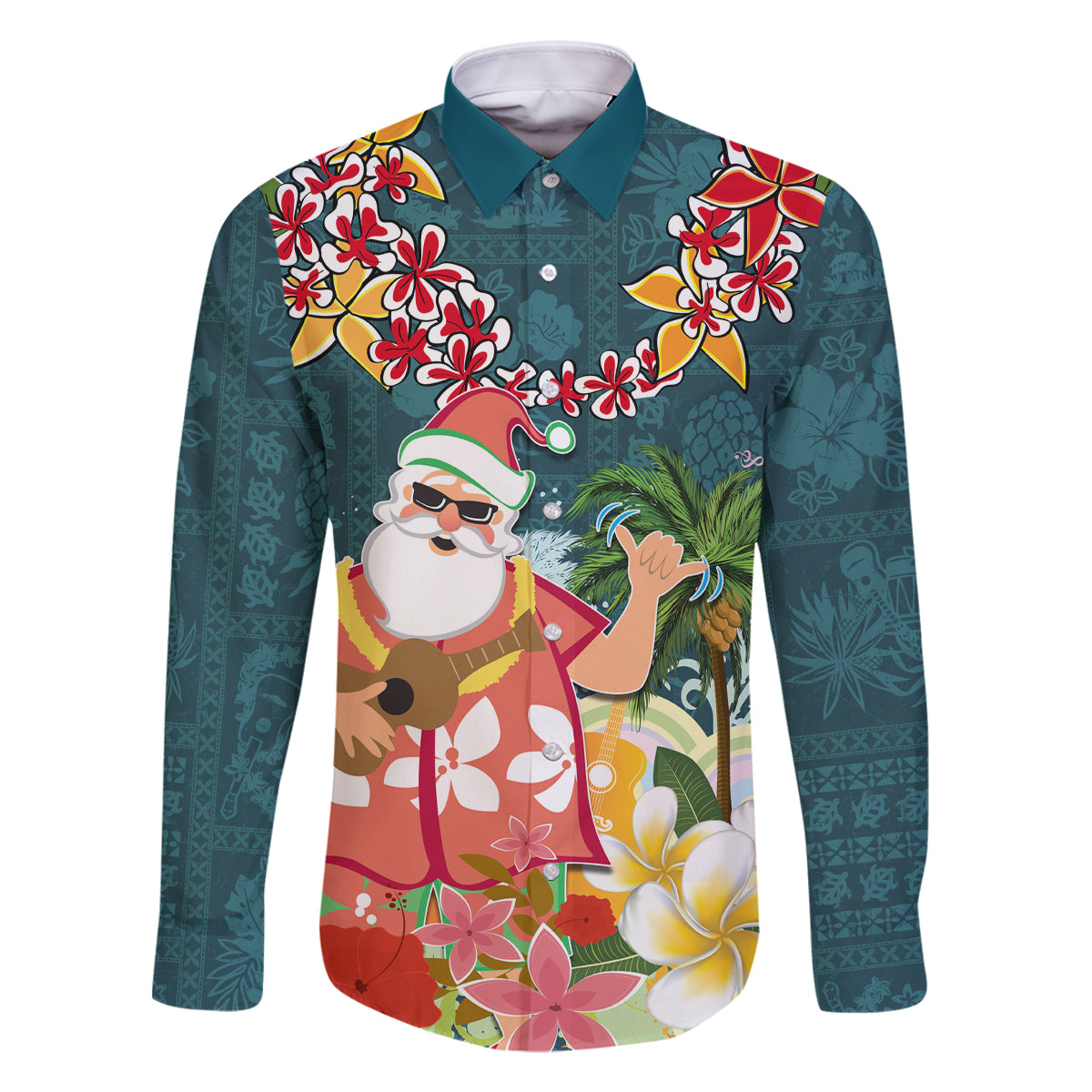 Hawaii Honu Mele Kalikimaka Family Matching Off Shoulder Maxi Dress and Hawaiian Shirt Santa Tropical Flower Aloha Summer Turquoise Version LT03 Dad's Shirt - Long Sleeve Turquoise - Polynesian Pride