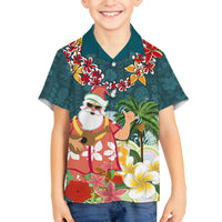 Hawaii Honu Mele Kalikimaka Family Matching Off Shoulder Maxi Dress and Hawaiian Shirt Santa Tropical Flower Aloha Summer Turquoise Version LT03 Son's Shirt Turquoise - Polynesian Pride