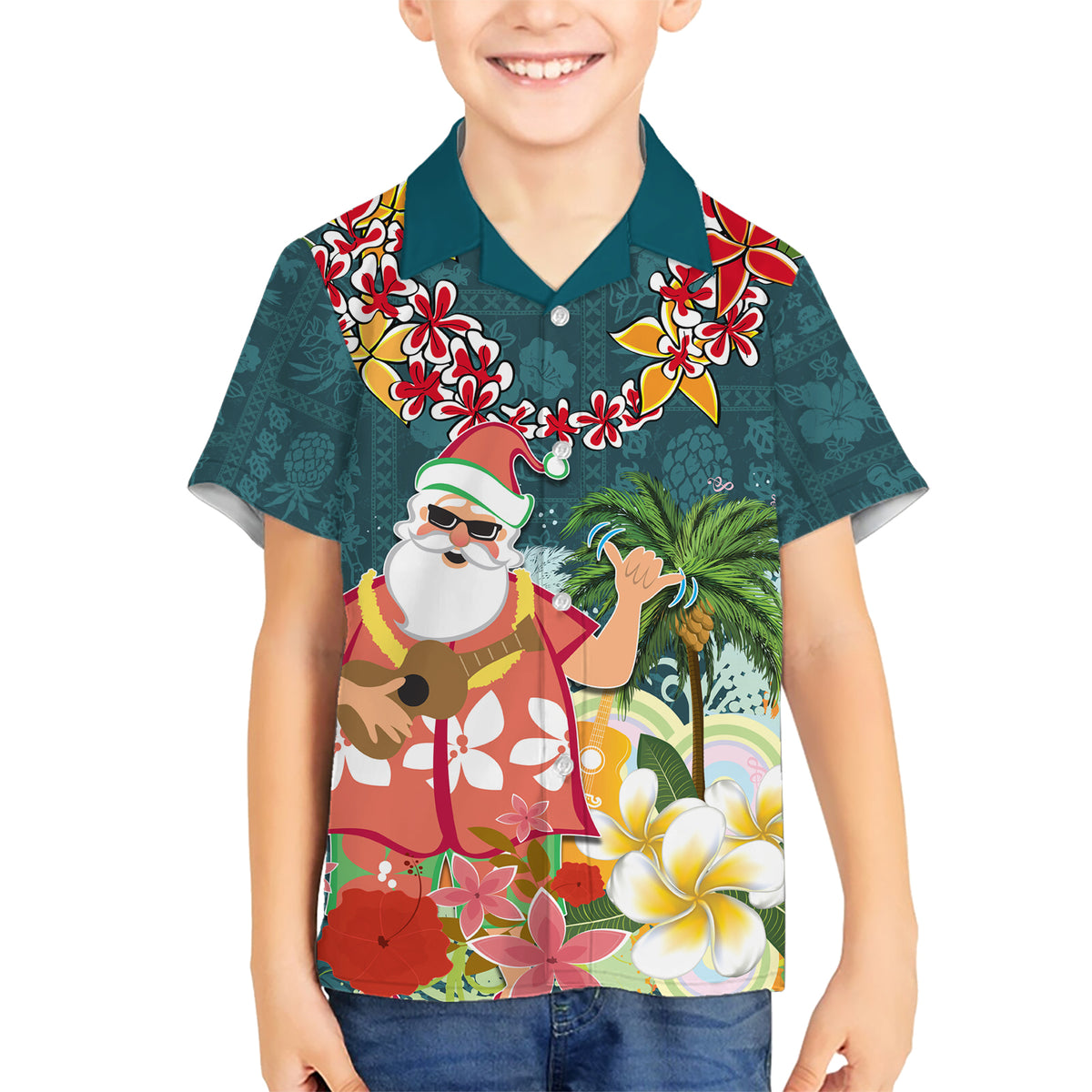 Hawaii Honu Mele Kalikimaka Kid Hawaiian Shirt Santa Tropical Flower Aloha Summer Turquoise Version LT03 Kid Turquoise - Polynesian Pride