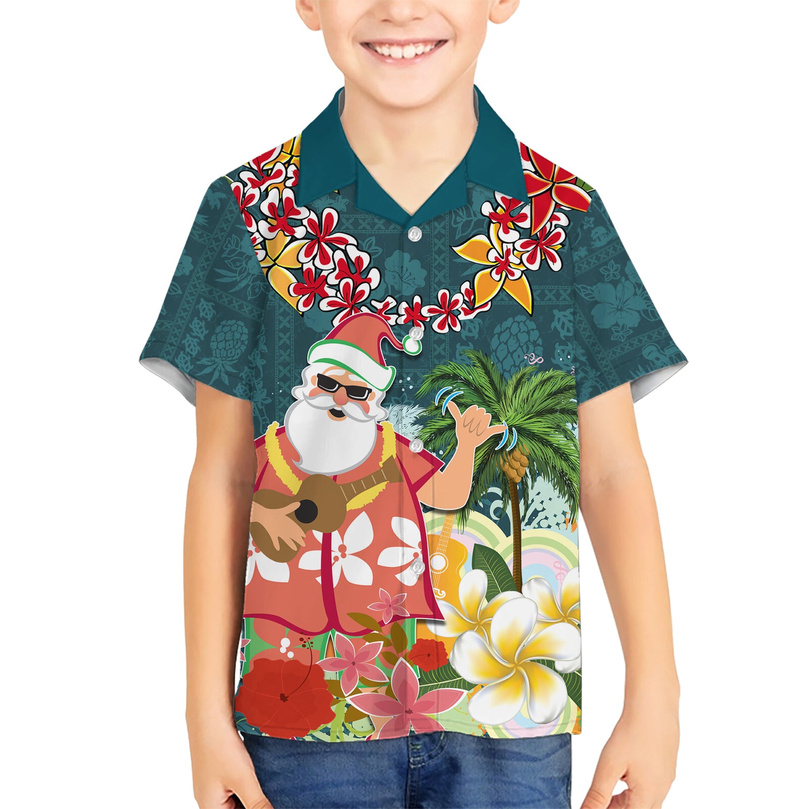 Hawaii Honu Mele Kalikimaka Kid Hawaiian Shirt Santa Tropical Flower Aloha Summer Turquoise Version LT03 Kid Turquoise - Polynesian Pride