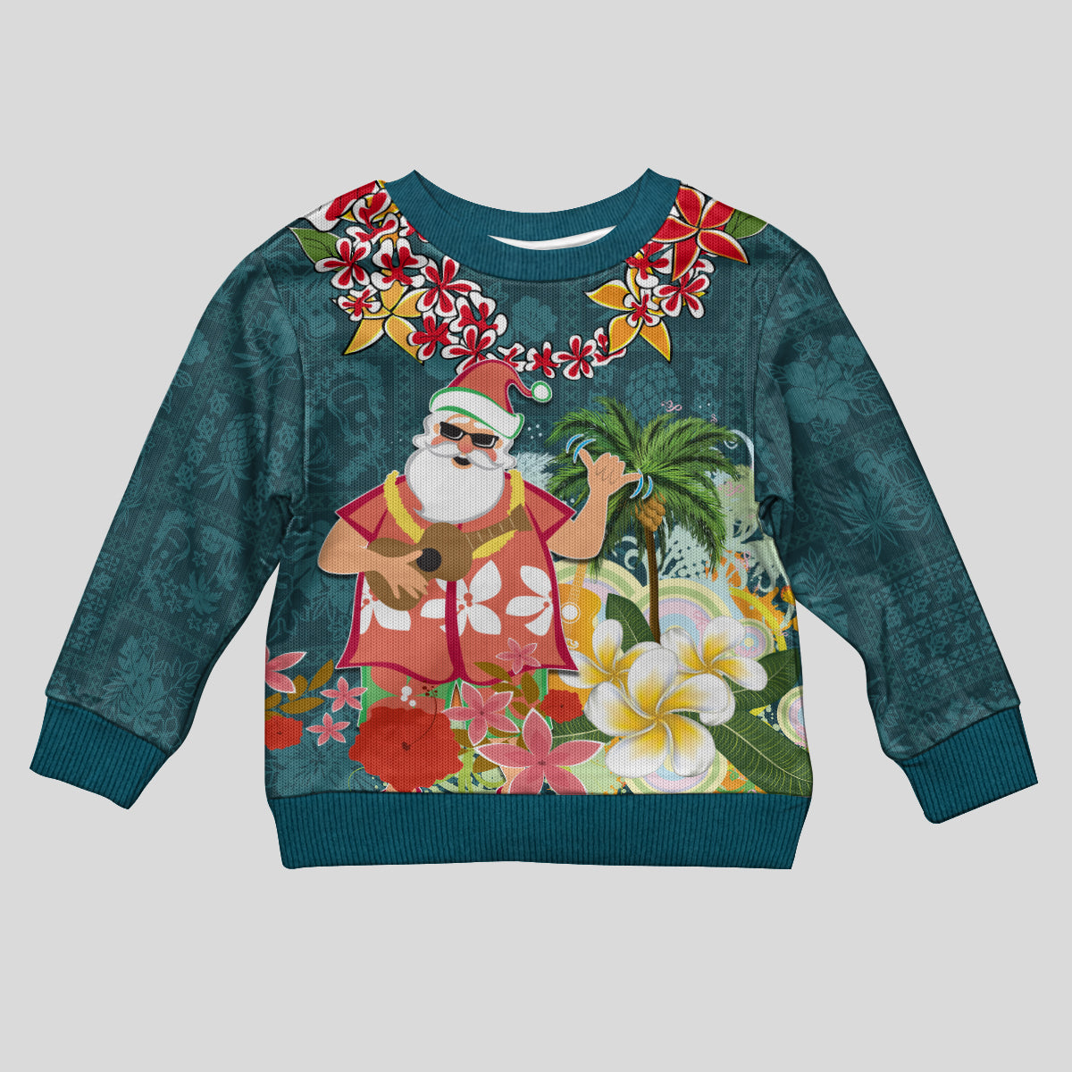 Hawaii Honu Mele Kalikimaka Kid Ugly Christmas Sweater Santa Tropical Flower Aloha Summer Turquoise Version LT03 Kid Turquoise - Polynesian Pride