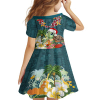 Hawaii Honu Mele Kalikimaka Kid Short Sleeve Dress Santa Tropical Flower Aloha Summer Turquoise Version LT03 - Polynesian Pride