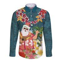 Hawaii Honu Mele Kalikimaka Long Sleeve Button Shirt Santa Tropical Flower Aloha Summer Turquoise Version LT03 Unisex Turquoise - Polynesian Pride