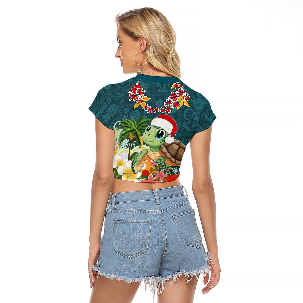 Hawaii Honu Mele Kalikimaka Raglan Cropped T Shirt Santa Tropical Flower Aloha Summer Turquoise Version LT03 - Polynesian Pride
