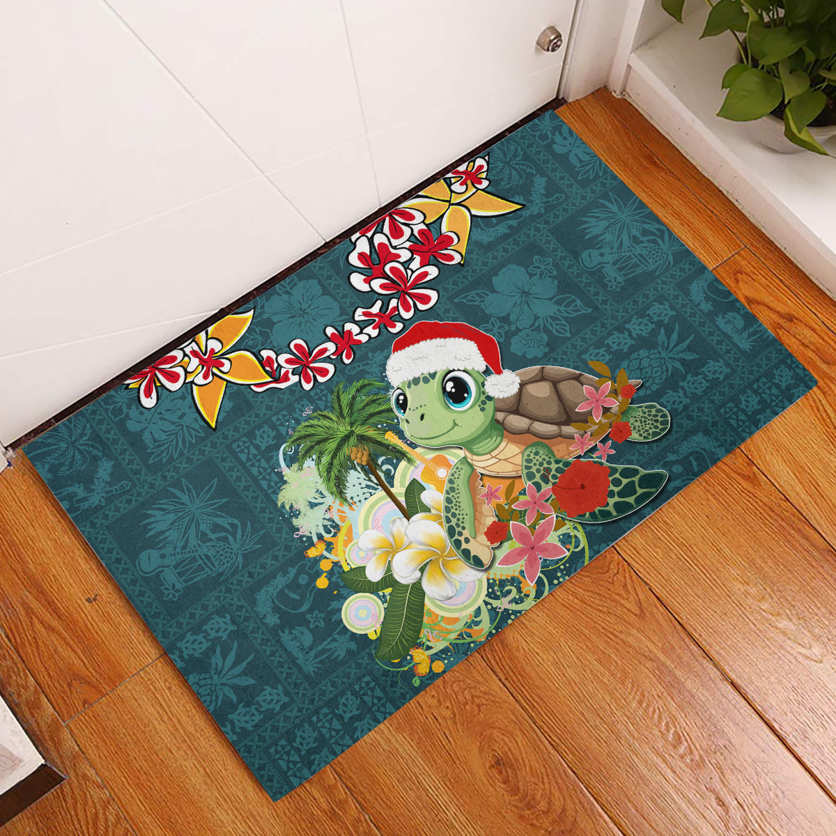Hawaii Honu Mele Kalikimaka Rubber Doormat Santa Tropical Flower Aloha Summer Turquoise Version LT03 Turquoise - Polynesian Pride