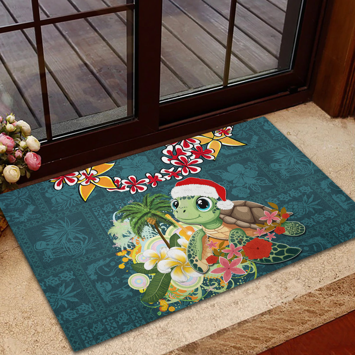 Hawaii Honu Mele Kalikimaka Rubber Doormat Santa Tropical Flower Aloha Summer Turquoise Version LT03 - Polynesian Pride