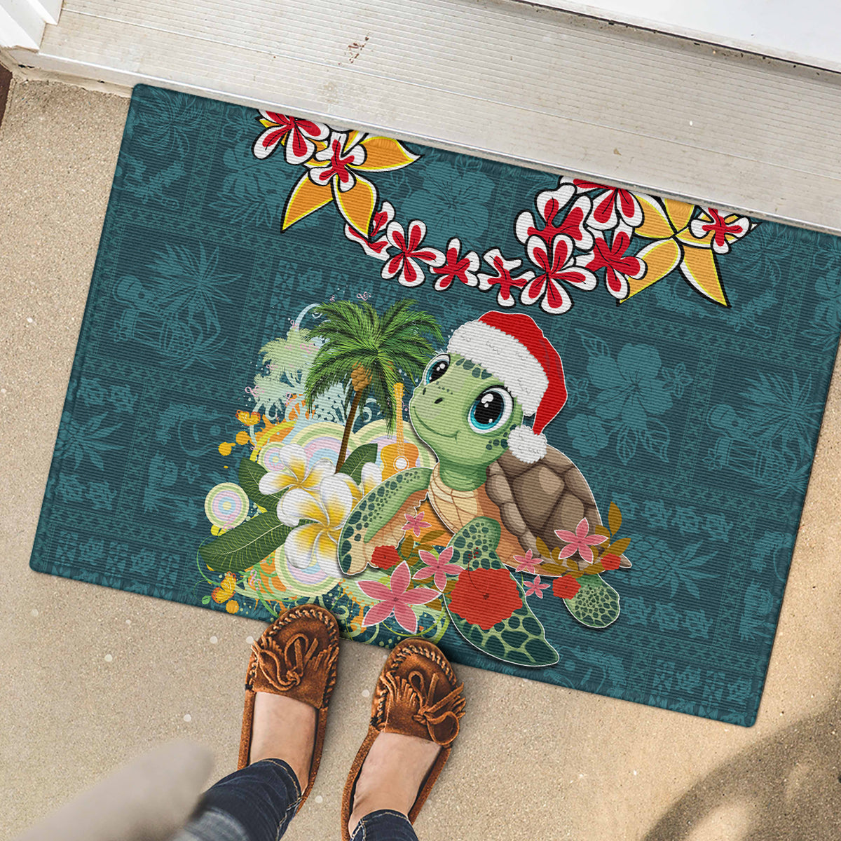 Hawaii Honu Mele Kalikimaka Rubber Doormat Santa Tropical Flower Aloha Summer Turquoise Version LT03 - Polynesian Pride